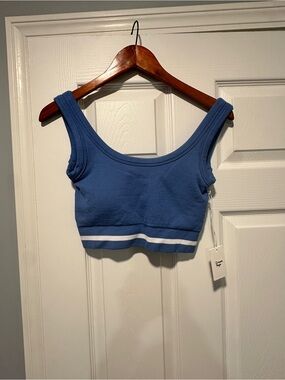 Ribbed Blue Cropped Tank with White Hem Stripes